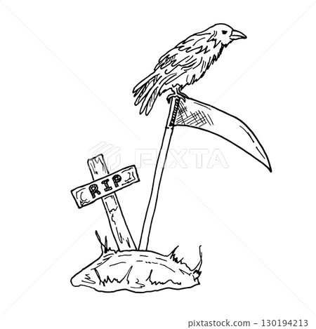 Illustration of a grave with a cross, a raven, and a scythe of death. Spooky illustration of a cemetery, Halloween design element. Doodle style design black outlines for prints, tattoos, postcards Illustration of a grave with a cross, a raven, and a scythe of death. Spooky illustration of a cemetery, Halloween design element. Doodle style design black outlines for prints, tattoos, postcards 130194213