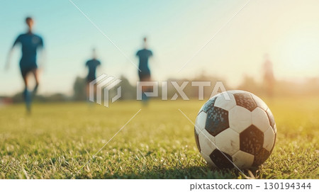 Sunset soccer blurred players and focus on ball 130194344
