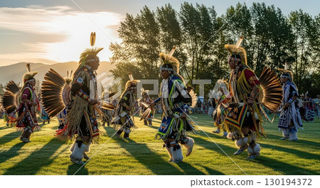 Native American Dancers Performing at Sunset Ai Generated 130194372