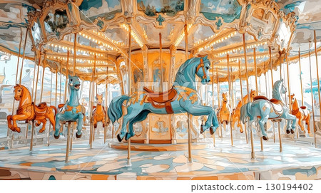 Vintage Carousel With Colorful Horses and Ornate Details - A Festive Fairground Attraction Vintage Carousel With Colorful Horses and Ornate Details - A Festive Fairground Attraction 130194402
