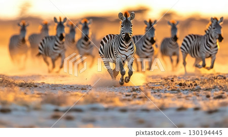 A breathtaking image of zebras running at sunset. 130194445
