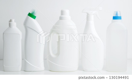 Household cleaning and hygiene concept. Various cleaning supplies branding mockup, symbolizing spring cleaning 130194491