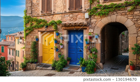 Colorful Doors in a Picturesque Village Ai Generated 130194670