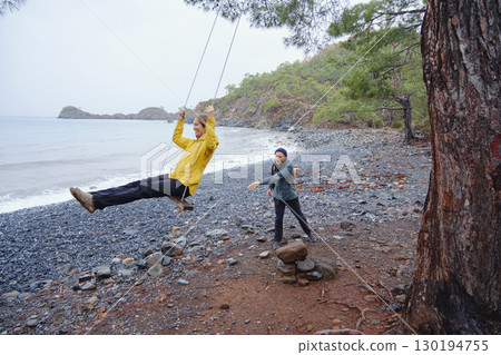 Couple enjoys Turkish coastline on winter season 130194755
