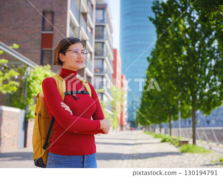 Tourist woman explores modern Frankfurt, Tourist woman explores modern Frankfurt, 130194791