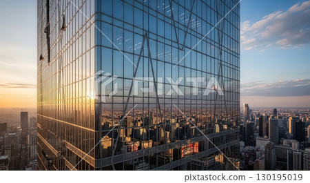 Modern Skyscraper Reflecting City Skyline at Sunset - Generative Ai 130195019