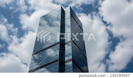 Modern Skyscraper With Reflective Glass Against Cloudy Sky - Generative Ai 130195047