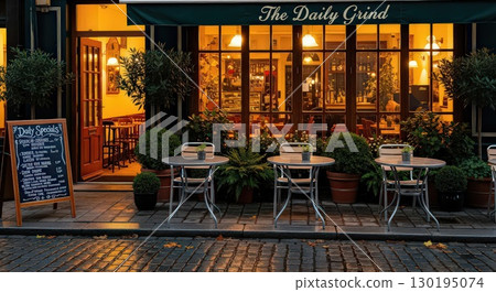 Cozy Cafe Exterior With Outdoor Seating - Generative Ai 130195074