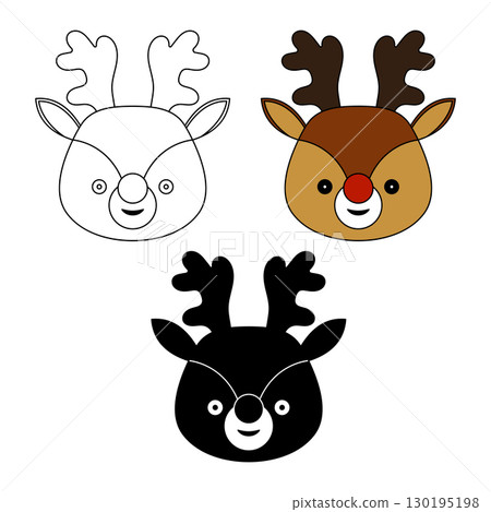 Set of Cute Reindeer Face Vector Illustration. A reindeer face in three styles outline, colored and solid silhouette. Perfect for Christmas decorations, holiday greeting cards. 130195198