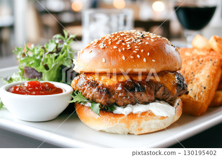 Gourmet cheeseburger served with fresh salad and sauce in restaurant 130195402
