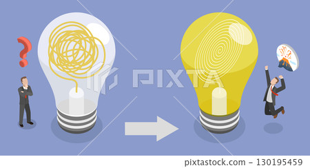 3D Isometric Flat Vector Illustration of Disorganized To Organized, Comparison Between Functioning And Non-Functioning Light Bulbs. 130195459
