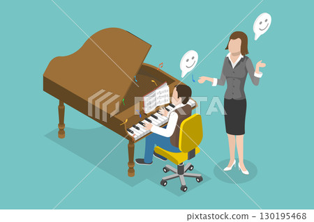 3D Isometric Flat Vector Illustration of Music Lessons, Educator Teaches Child Music And Instruments. 130195468