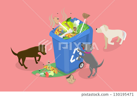 3D Isometric Flat Vector Illustration of Hungry Homeless Animals, Stray Dogs Digging In Trash 3D Isometric Flat Vector Illustration of Hungry Homeless Animals, Stray Dogs Digging In Trash 130195471
