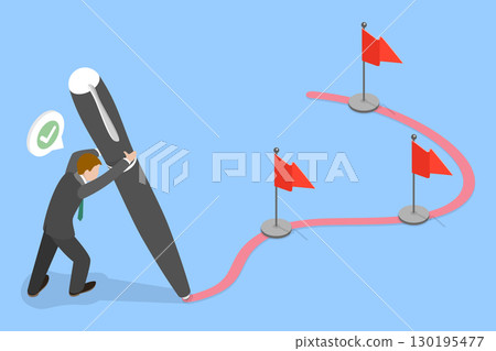 3D Isometric Flat Vector Illustration of Way To Goal, Man Strategizes Future Through Goal-Setting And Progress Mapping To Achieve Big Dreams 130195477