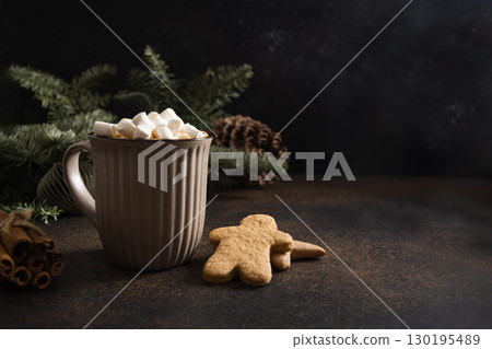 Christmas coffee with marshmallow and cookies as snowman. Xmas cozy holiday. 130195489
