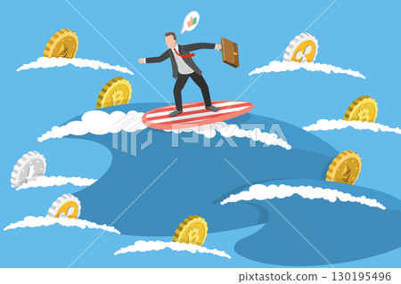 3D Isometric Flat Vector Illustration of Cryptocurrency Surf, Businessman Riding High On Crypto Currency Wave 130195496