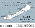 Lake Balaton, gray political map. Freshwater rift lake in the Transdanubian region of Hungary, Europe. Tourist region with many resort towns. Most popular Siofok, Keszthely, Balatonfured and Zamardi. 130195503