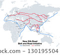New Silk Road, Belt and Road Initiative, political map. Belt and Road Economic Corridor and its pathway cities. Global infrastructure development strategy adopted by the government of China in 2013. 130195504