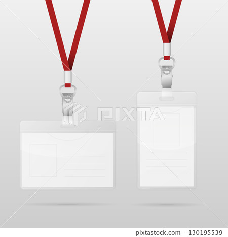 Vector Realistic Blank ID Badge Mockup with Red Lanyard. Horizontal and Vertical Employee Passes. Corporate Name Tag Template. Staff Identity Card. Office Access Pass Illustration for Business Events 130195539