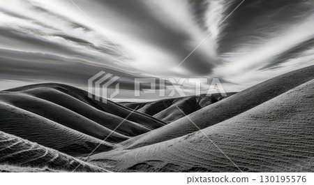 Dramatic Black and White Landscape of Rolling Hills - Ai Generated 130195576