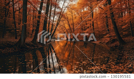 Autumn River Landscape With Vibrant Foliage - Generative Ai 130195581