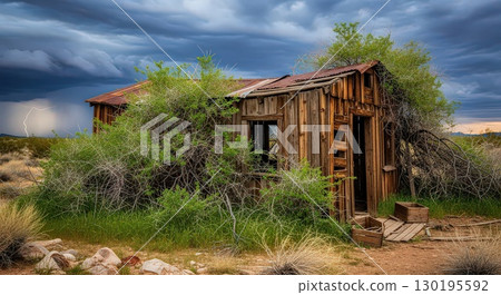 Abandoned Wooden House in Overgrown Landscape - Generative Ai Abandoned Wooden House in Overgrown Landscape - Generative Ai 130195592