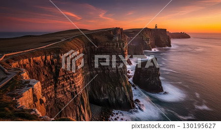 Dramatic Coastal Cliffs at Sunset With Lighthouse - Ai Generated 130195627