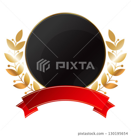 Coat of arms with a black circle, golden laurel branches and a red ribbon Coat of arms with a black circle, golden laurel branches and a red ribbon 130195654