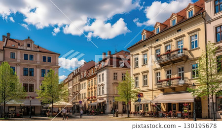 Charming European Square With Outdoor Cafes and Blue Sky - Generative Ai 130195678