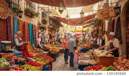 Vibrant Market Scene With Colorful Stalls and Shoppers - Generative Ai 130195680