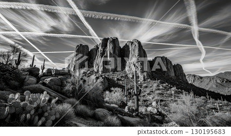 Dramatic Black and White Desert Landscape With Contrails- Generative Ai Dramatic Black and White Desert Landscape With Contrails- Generative Ai 130195683