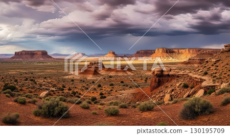 Panoramic Desert Landscape With Dramatic Clouds - Ai Generated 130195709