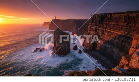 Dramatic Coastal Sunset With Lighthouse and Cliffs - Generative Ai 130195711