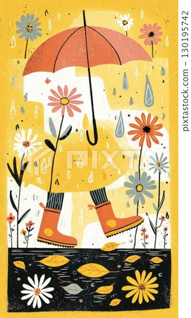 Close-up of waterproof boots stepping on wet asphalt, reflecting colorful yellow leaves amidst a beautiful autumn backdrop of fallen foliage 130195742