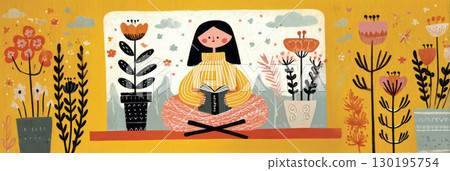 A young woman, dressed in a cozy chunky knit sweater, sits cross-legged on a window seat while reading a book, enjoying the peaceful autumn ambiance with colorful plants nearby 130195754