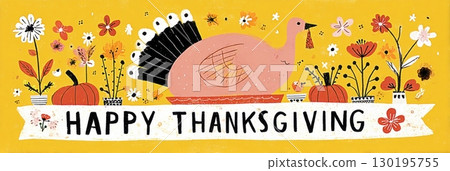 A vibrant Thanksgiving table showcases a roasted turkey at the center, surrounded by colorful dishes, pumpkins, and cheerful autumn flowers, celebrating the fall season, banner 130195755