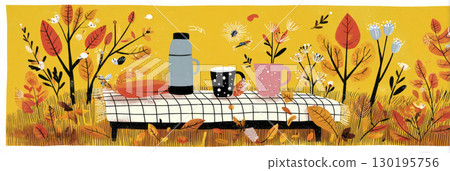 Soft checkered wool blanket covers dry autumn grass, adorned with a metal thermos, two ceramic mugs, and a linen napkin, surrounded by vibrant fall foliage 130195756