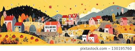 A wide view captures a quaint countryside village, featuring scattered houses with vibrant pumpkins in front yards, all set against a stunning autumn backdrop 130195760