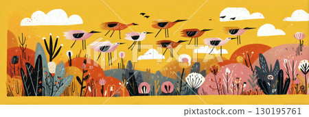 Colorful migratory birds fly elegantly across a golden autumn sky. The landscape is adorned with vibrant fall foliage, creating a picturesque seasonal display Colorful migratory birds fly elegantly across a golden autumn sky. The landscape is adorned with vibrant fall foliage, creating a picturesque seasonal display 130195761