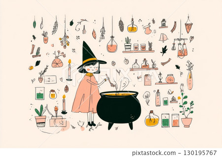 A witch stirs a bubbling cauldron surrounded by a variety of potions, herbs, and autumn-themed decorations, creating a magical atmosphere perfect for Halloween festivities A witch stirs a bubbling cauldron surrounded by a variety of potions, herbs, and autumn-themed decorations, creating a magical atmosphere perfect for Halloween festivities 130195767