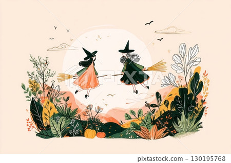 In a dark, foggy forest, eerie mist swirls around while faint silhouettes of witches fly on brooms, embodying the mysterious spirit of Halloween in autumn 130195768