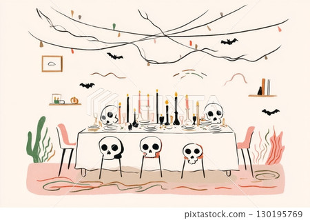 A Halloween-themed dining table is set with an array of candles, skulls, and autumn decorations. The cozy atmosphere reflects the spirit of fall, ideal for festive gatherings 130195769