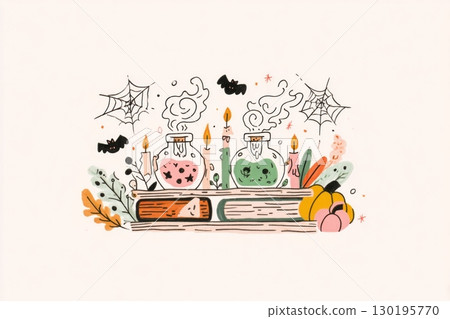Two whimsical potion bottles filled with colorful liquids sit on a wooden surface, accompanied by candles, autumn leaves, and playful Halloween decorations 130195770