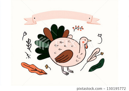 A whimsical turkey illustration stands surrounded by colorful autumn leaves and delicate plants, capturing the essence of Thanksgiving Day during the fall season 130195772