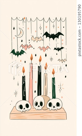 Colorful candles in shades of pink and black are arranged with playful skulls, creating a vibrant Halloween atmosphere perfect for autumn celebrations and gatherings 130195790