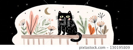 A black cat perches on a railing while swirling leaves float around it. A flickering lantern casts a warm glow, while a crescent moon and whimsical flames enhance the fall atmosphere, banner 130195809