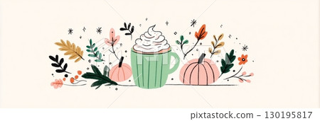 Enjoy a warm pumpkin spice latte set against a backdrop of vibrant autumn foliage and charming pumpkins, perfect for embracing the fall spirit and cozy moments 130195817