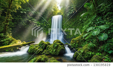 Serene Waterfall in a Lush Green Forest - Ai Generated 130195819