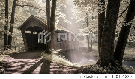 Serene Covered Bridge in a Misty Forest - Ai Generated 130195820