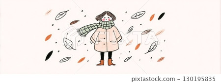 A cheerful character stands amidst swirling autumn leaves, wearing a warm coat and scarf, embodying the essence of fall in a delightful illustration during a breezy day 130195835
